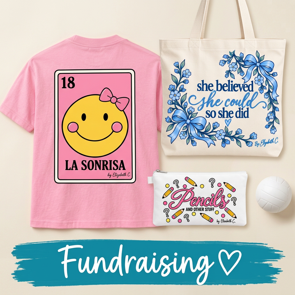 Elizabeth Collab pink La Sonrisa tee, blue floral canvas tote, and pencil case on warm ivory with a teal Fundraising banner.