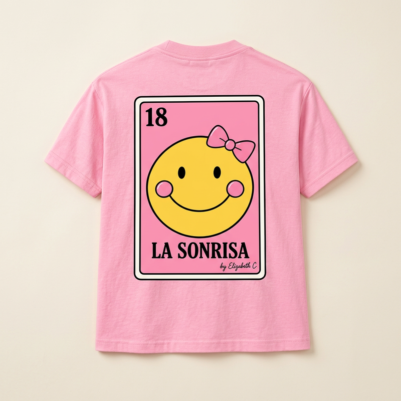 Back of pink Elizabeth Collab La Sonrisa T-shirt with smiley face graphic